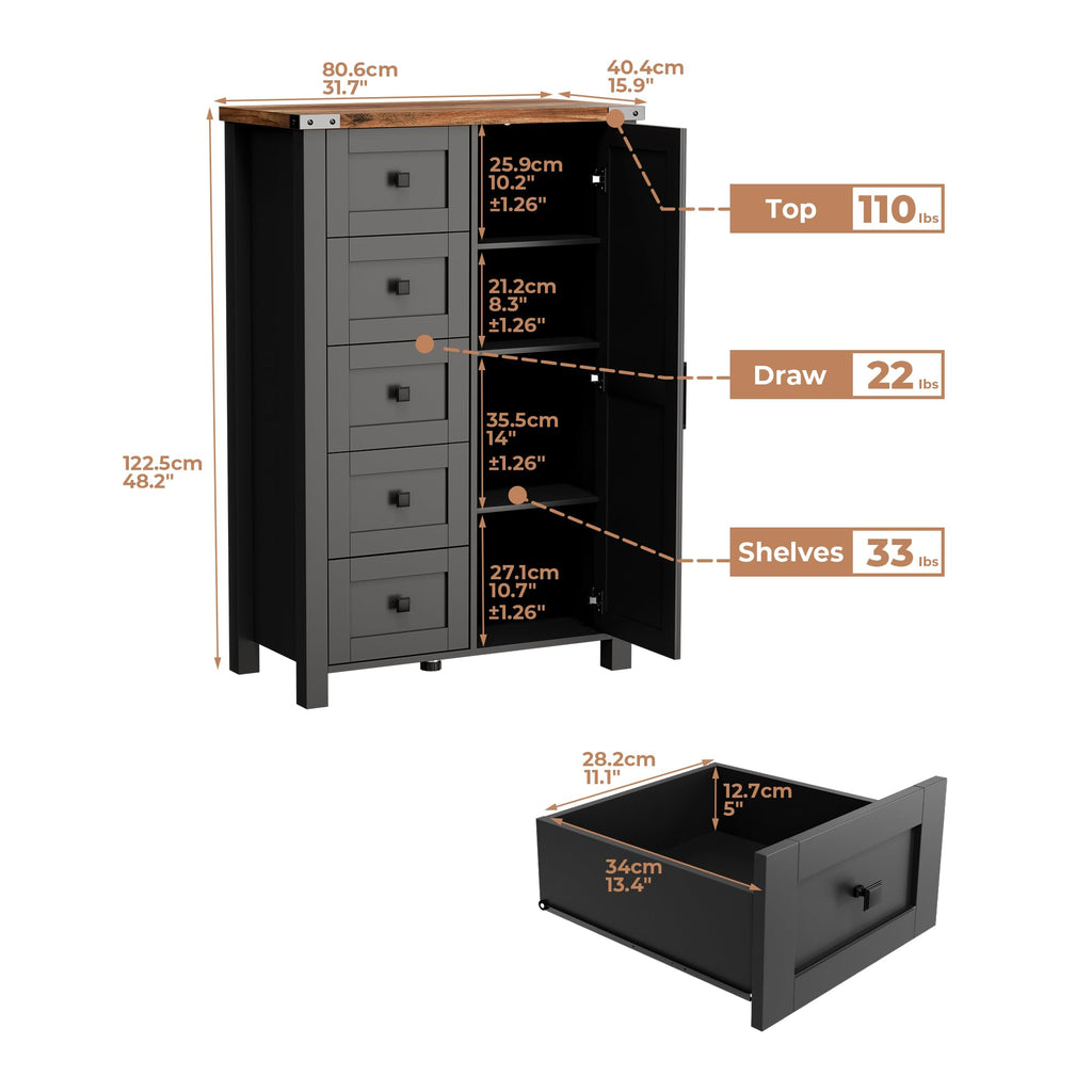 Farmhouse White Dresser with 4 Drawers and 2 Barn Doors, Black Wood Chest of Drawers 47 Inch Wide, Large, Long