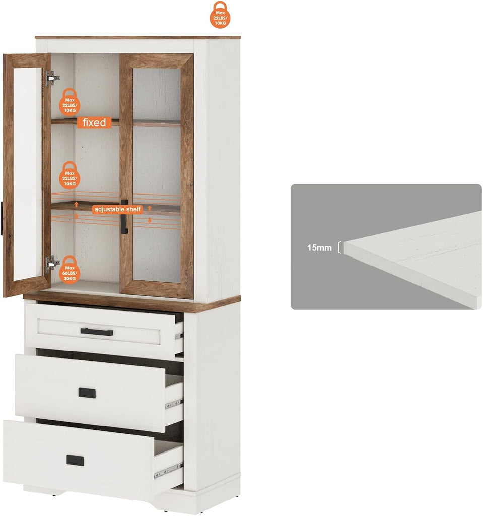 73.3" H Farmhouse-Style Bookcase w/Tempered Glass Doors&File Drawers | Large Capacity,File Drawers,Adjustable