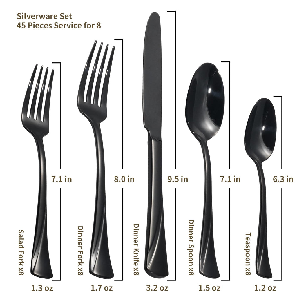 Alice Black Mirror 45-Piece Silverware Set Stainless Steel Flatware Set, Service for 8, Mirror Polished Cutlery
