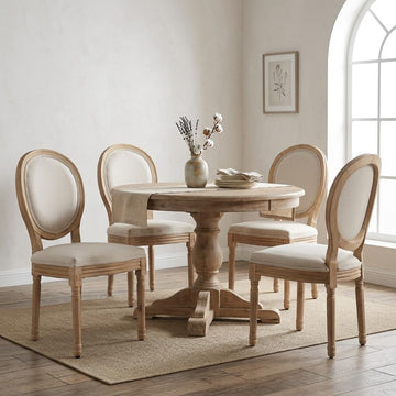 French Country Dining Chairs Set of 4, Beige Round Back Dining Chairs with Linen Upholstered Seat, Solid Wood Legs