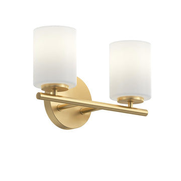 Replay 13 Inch 2-Light Vanity Light, Transitional, Brushed Gold with Etched Glass Shades, (7.875" H x 13" W x 6" D)