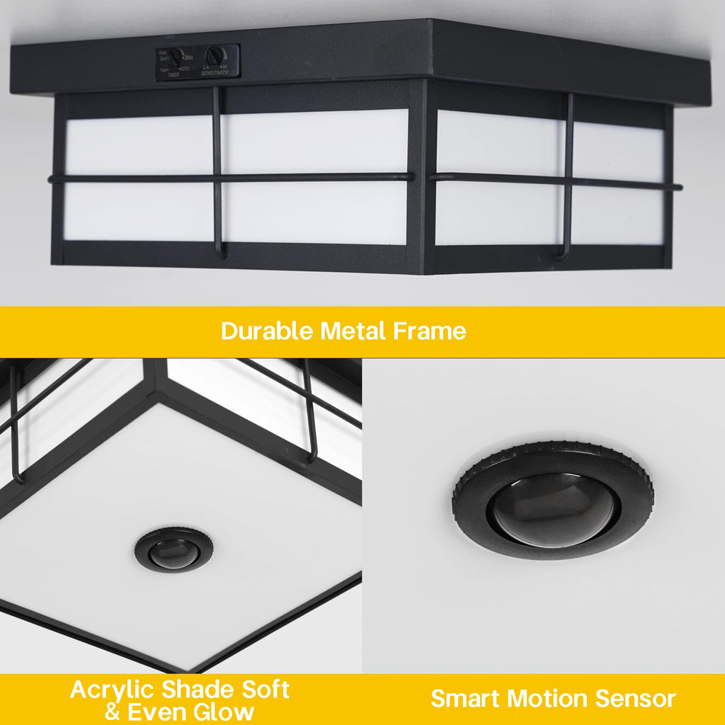 24W LED Motion Sensor Outdoor Ceiling Light, Smart Square Flush Mount Fixture, 3CCT Selectable Dusk to Dawn Porch