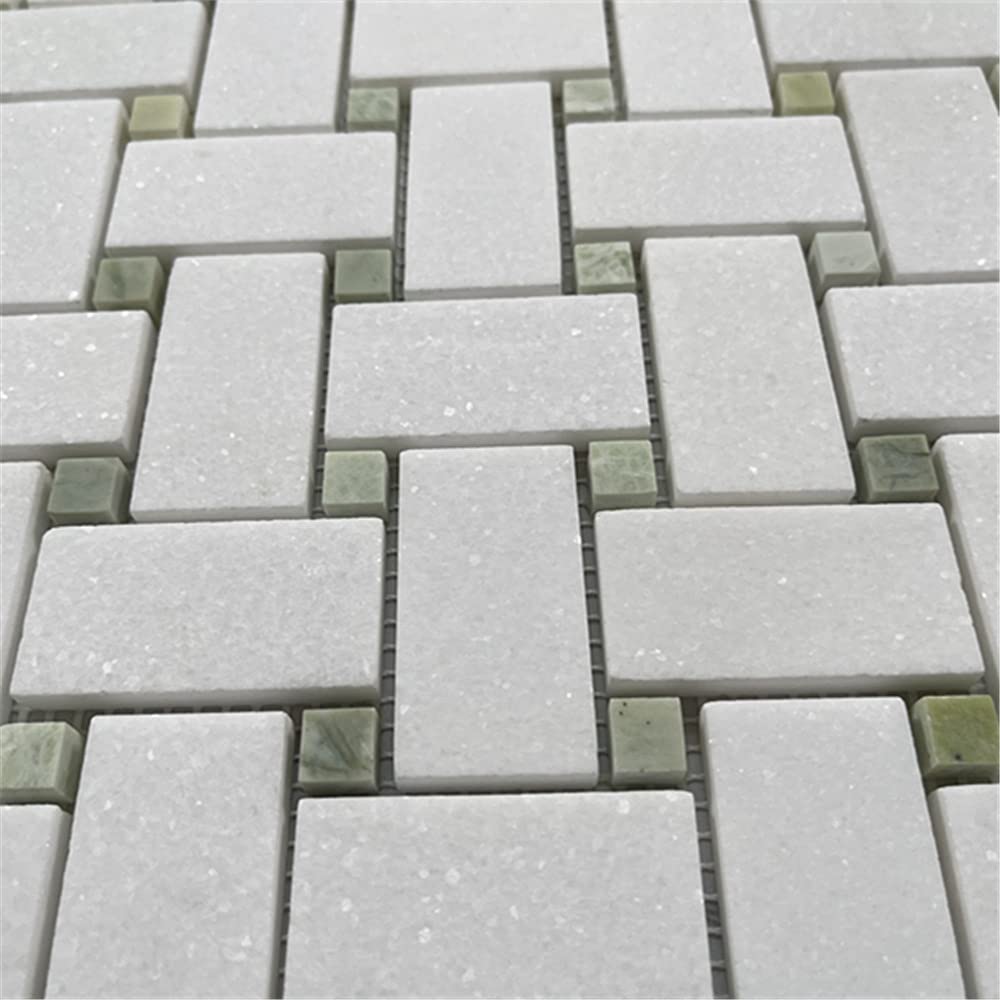 Thassos White Marble 1x2 Basketweave Mosaic Tile w/Green Jade Dots Honed Kitchen Bath Wall Floor Backsplash Shower (1