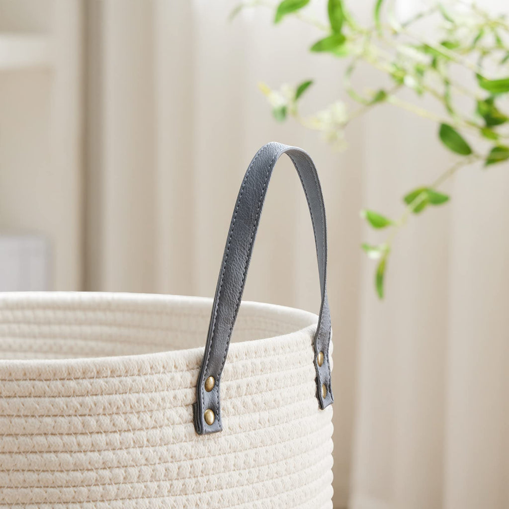 58L Tall Woven Rope Laundry Hamper, Leather Handles, Grey & White
