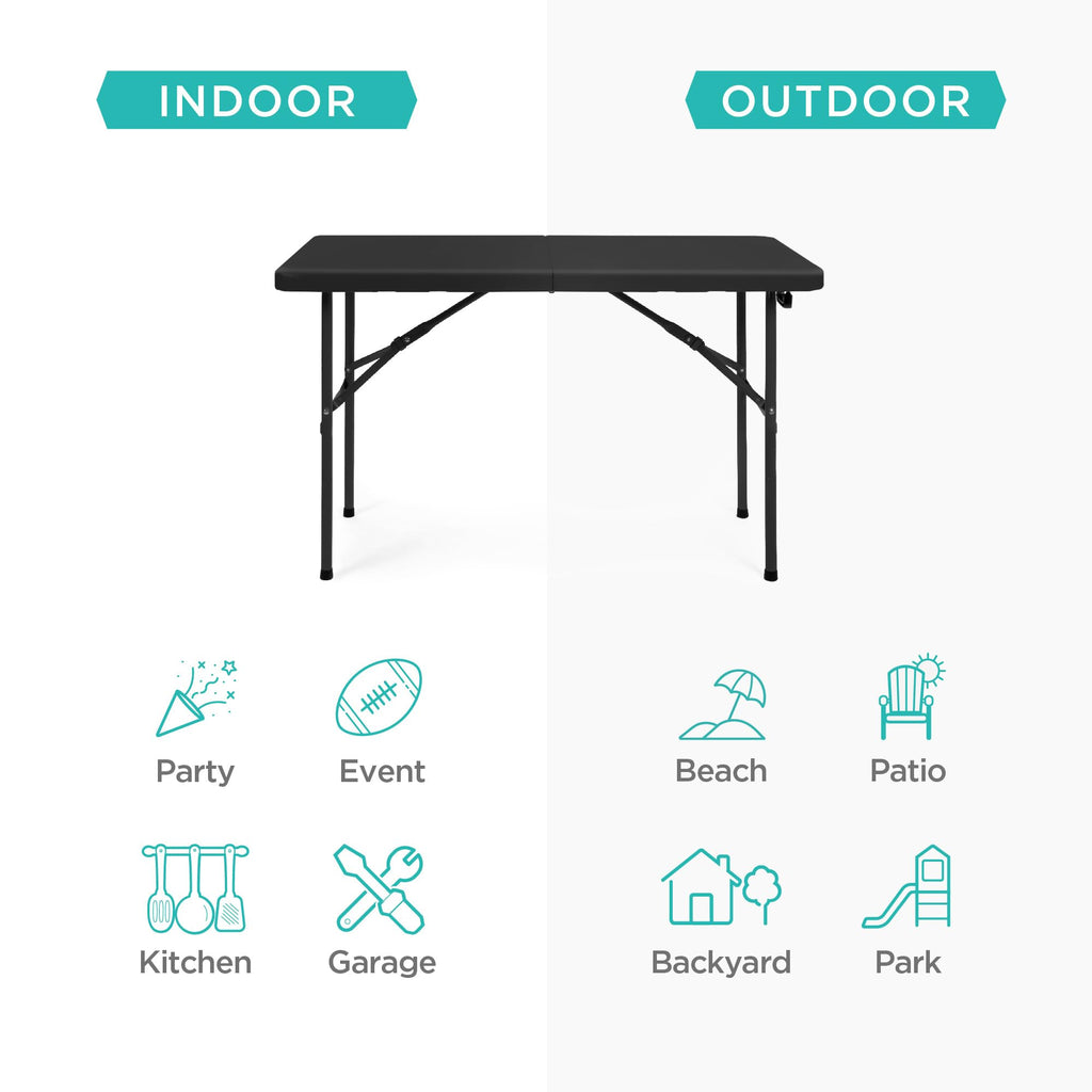 4ft Plastic Folding Table, Indoor Outdoor Heavy Duty Portable w/Handle, Lock for Picnic, Party, Camping - Black