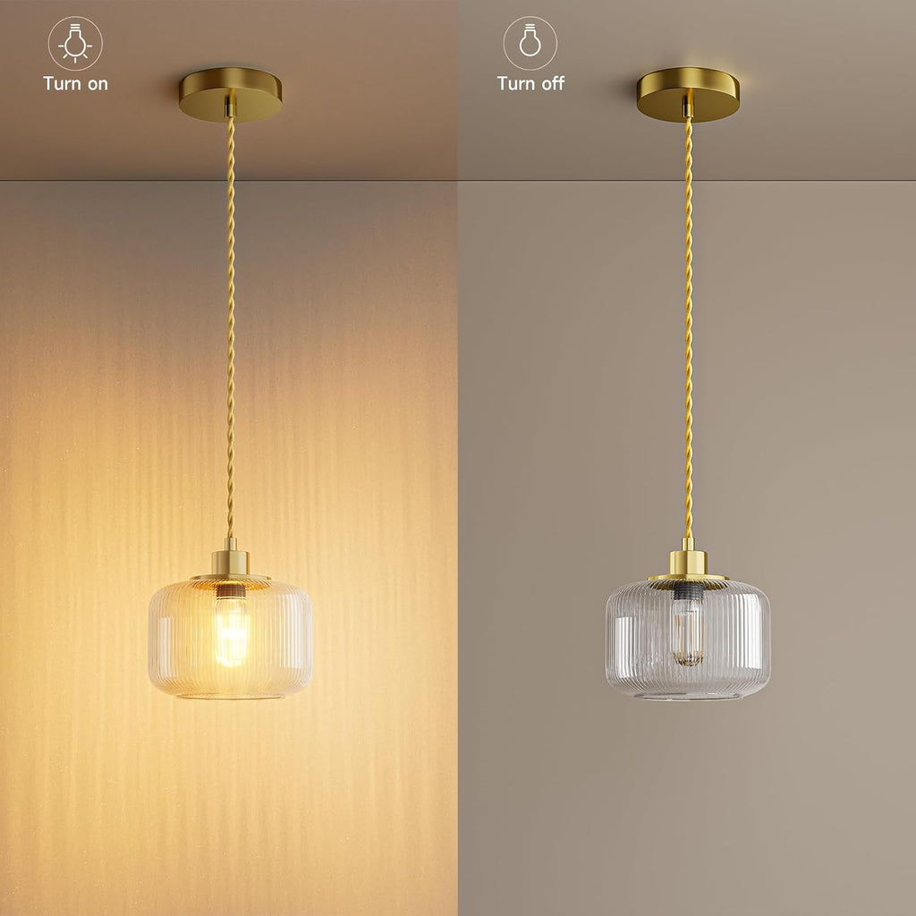 Clear Striped Glass Pendant Light, Gold Vintage Hand Blown Pendant Lamp, E26 7W LED Bulb Included, Adjustable