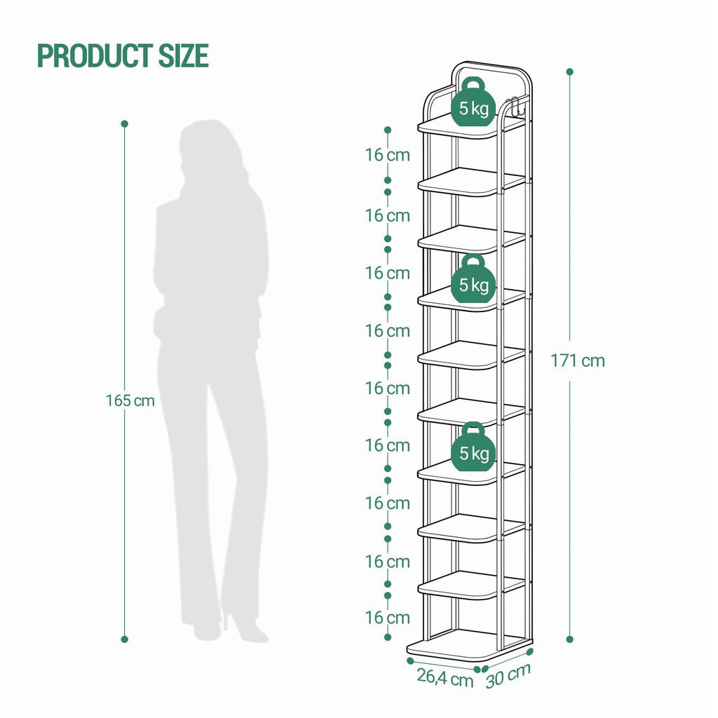 10 Tiers Vertical Shoe Rack, Tall Shoe Shelf with 2 Hooks