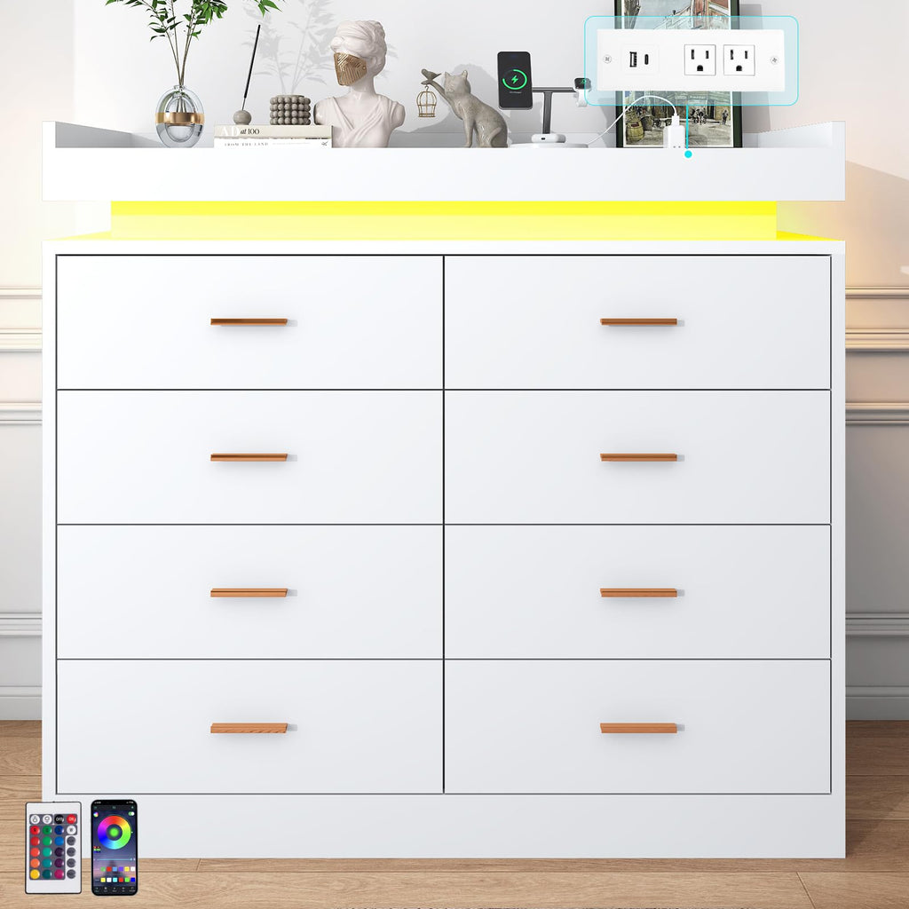 8 Drawer with Charging Station and LED Lights, Modern Chest of Drawers with Power Outlet, Organizer Cabinet, White