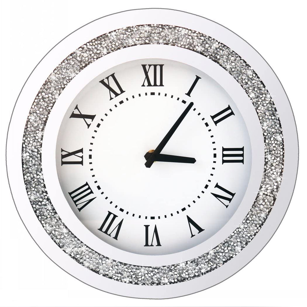 Silver Round Mirror Clock 12inch Crystal Sparkle Twinkle Bling Crush Diamond Mirrored Wall Clock for Wall Decoration
