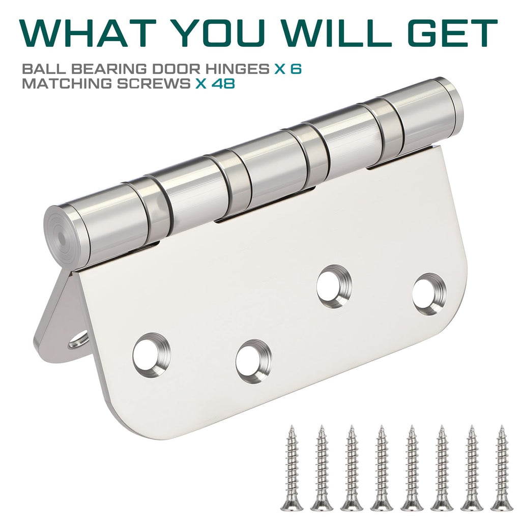 6 Pcs Silver 4'' Ball Bearing Door Hinges, 5/8'' Radius Corner