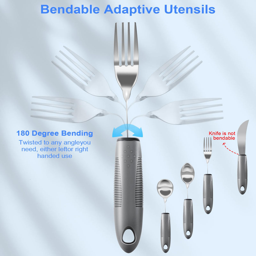 Bendable Adaptive Utensils, 4-Piece Heavy Duty, Stainless Steel Fork, Knife, and Spoon Adaptive Utensils Enhanced