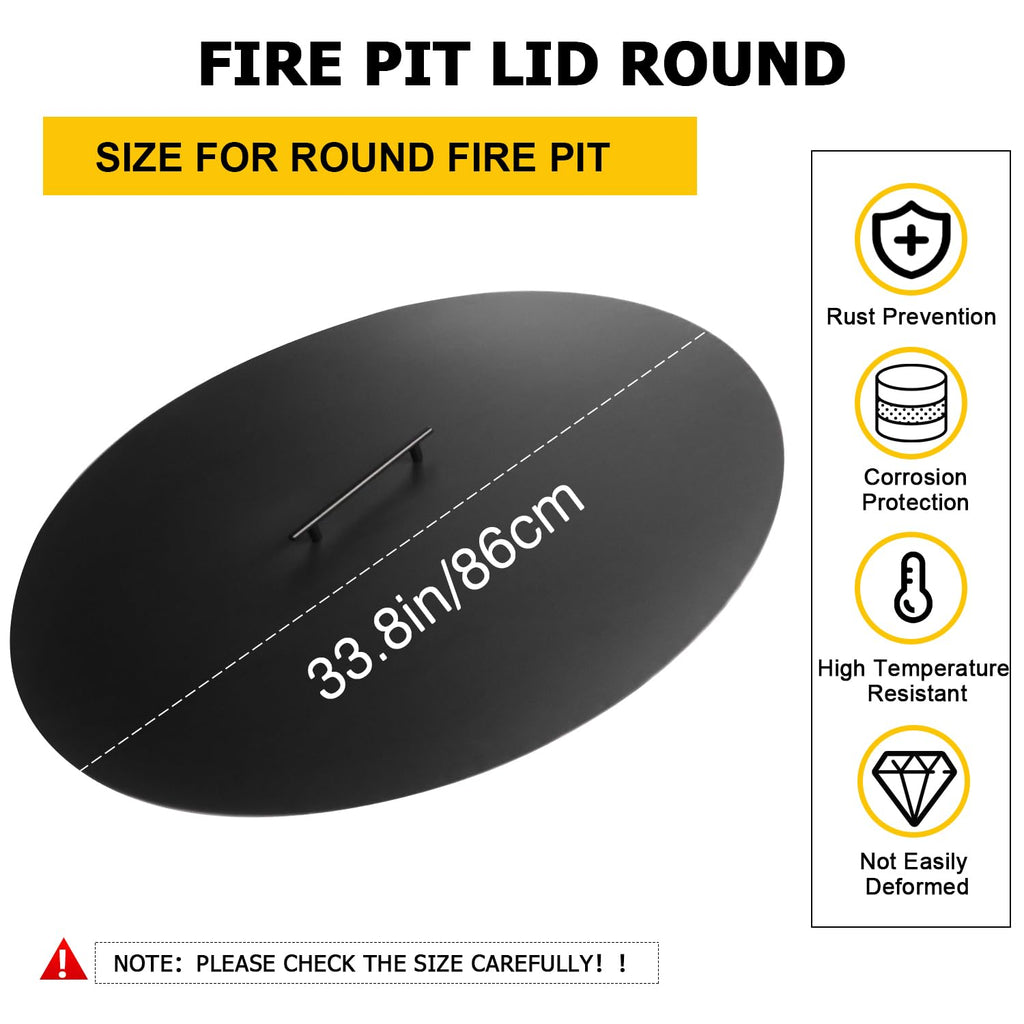 34" Fire Pit Cover Lid Round Outdoor Fireplace Cover Lid Heat Resistant Flat Fire Pit Burner Pan Cover for Round