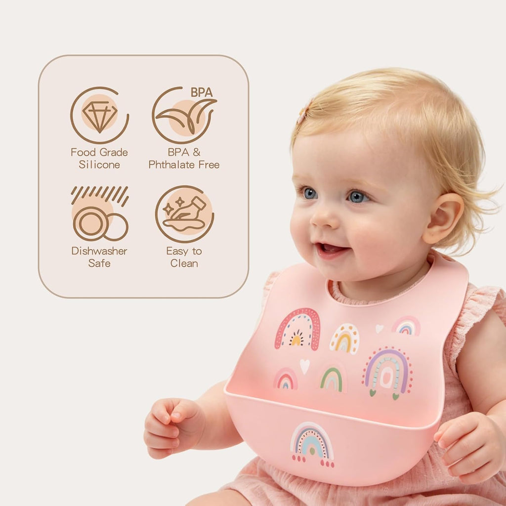 Silicone Baby Bibs 2 Sets, Adjustable Waterproof Baby Bibs