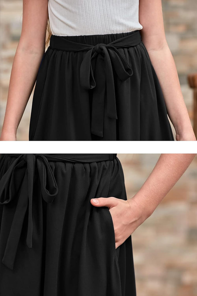 Girls Tie Belt A-Line Flared Skirt Pockets
