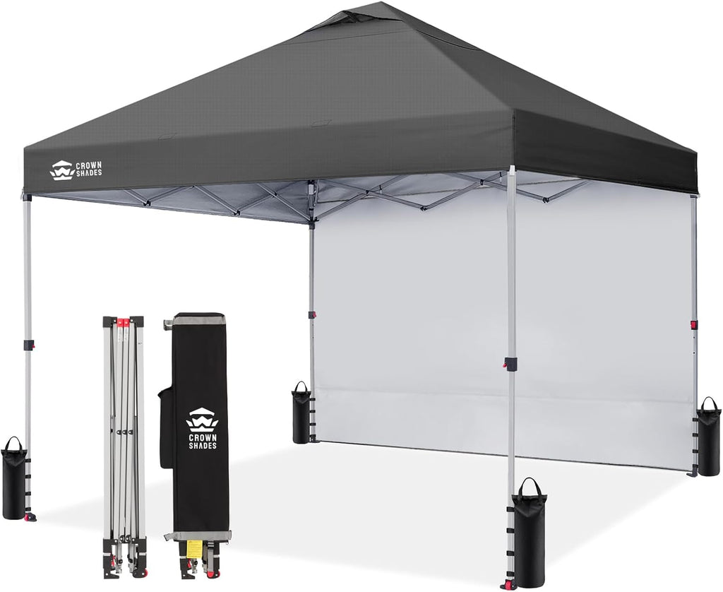 10x10 Pop Up Canopy with 1 Side Wall - Beach Tent with One Push Setup - Grid Grey
