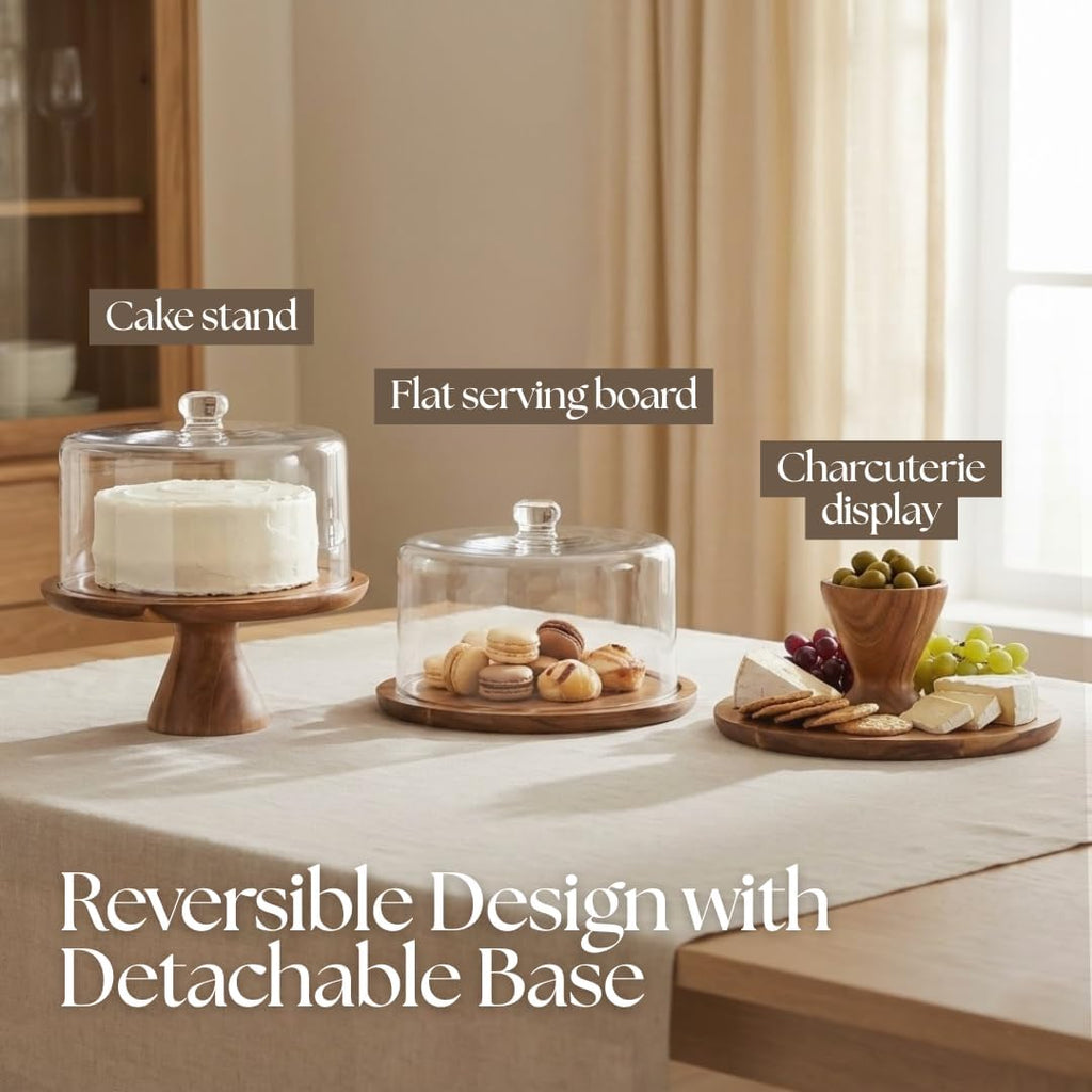 Acacia Wood Cake Stand with Glass Dome Lid & Reversible Serving Board Set