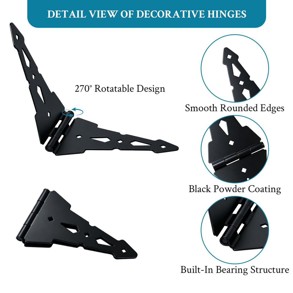 8 Inch Gate Hinge and Thumb Latch Set, Heavy Duty Strap Fence Hinges Hardware Kit, Rustproof Matte Black Steel for