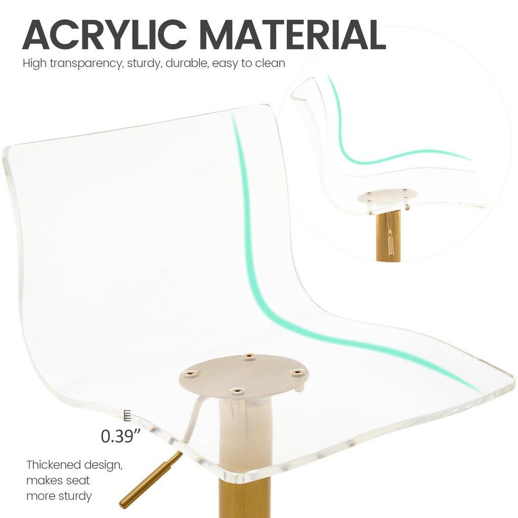 Acrylic Bar Stools with Mid Back Set of 2 Adjustable Swivel Clear Gold Base