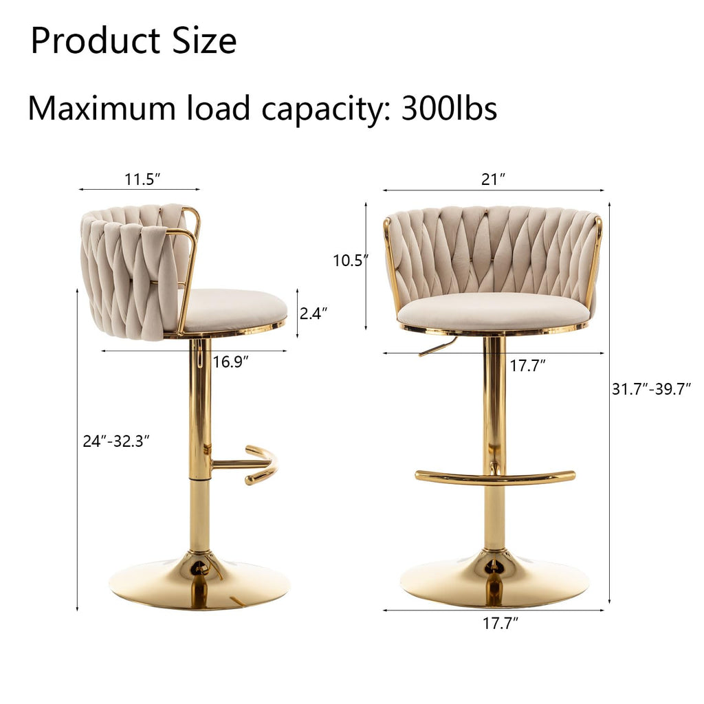 Woven Bar Stools Set of 4, Counter Height Bar Stools with Low Back, Gold Swivel Barstools Island, Bar Pub (Beige)