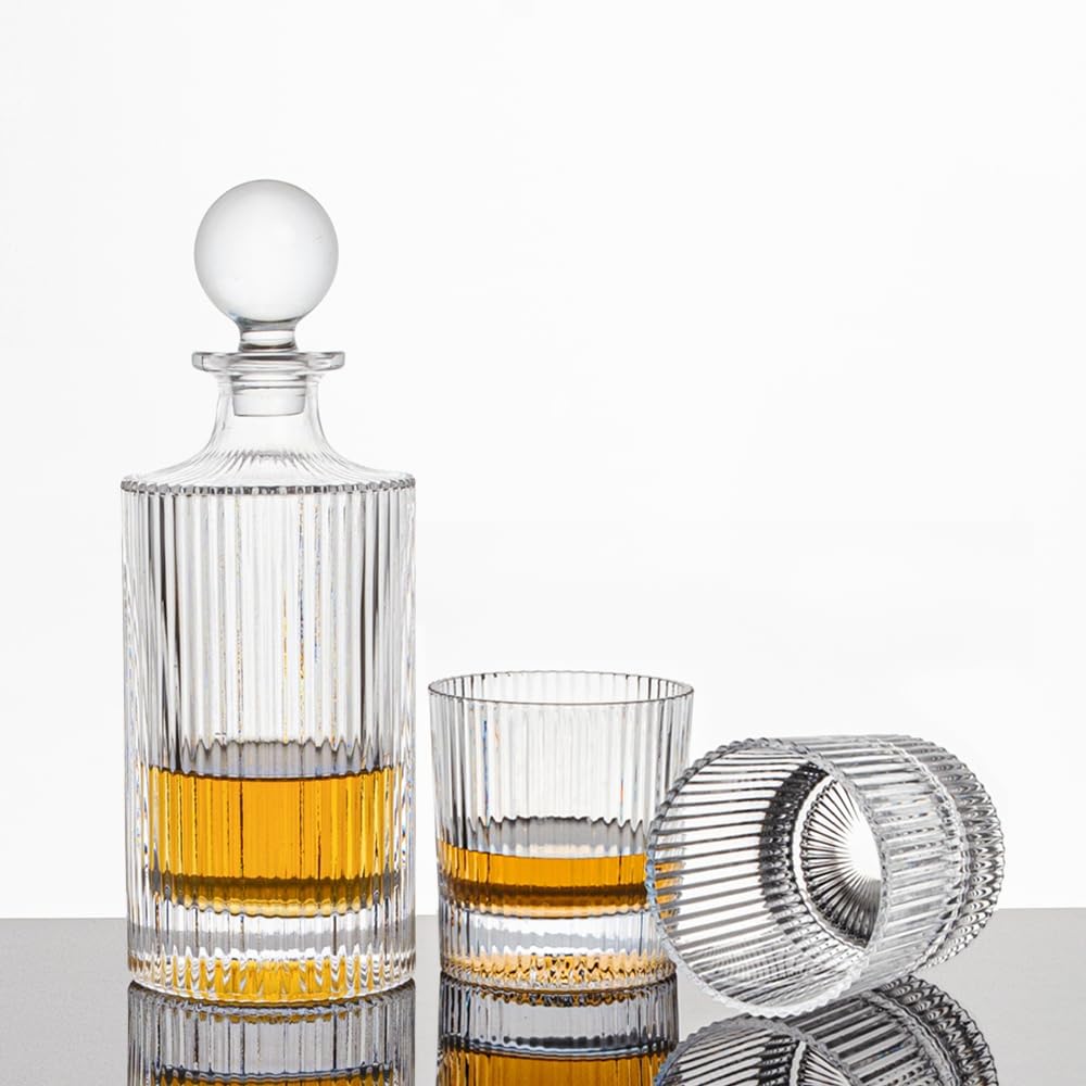 27Oz Whiskey Liquor Decanter Ribbed Set in Box,Decanter Set with 2 Glasses - Set of 3