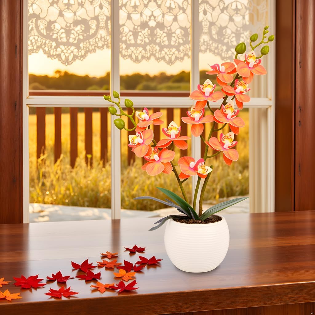 Orange Artificial Orchid Flower Potted in White Pot for Fall Decor - Set of 2