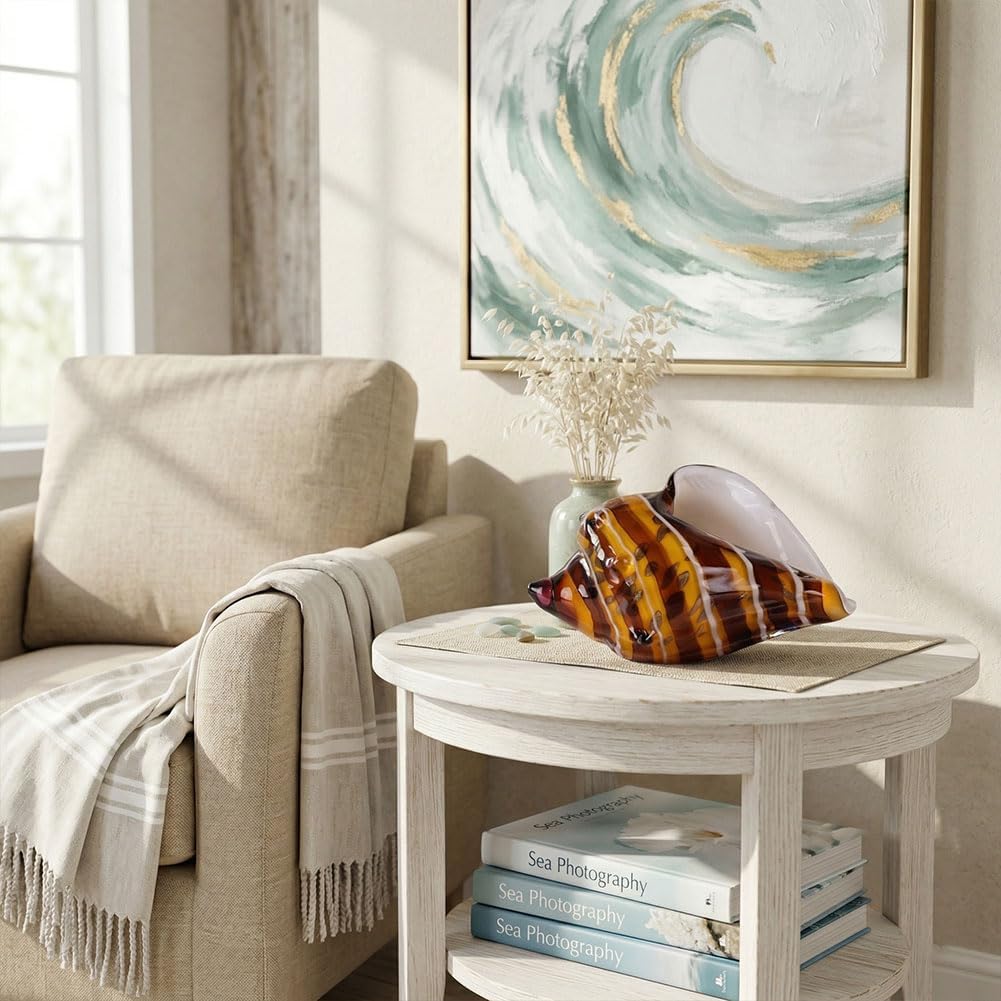 Hand Blown Glass Conch Shell Sculpture, 11.4" Large Coastal Art Glass Decor, Decorative Ocean Accent, Coffee Table