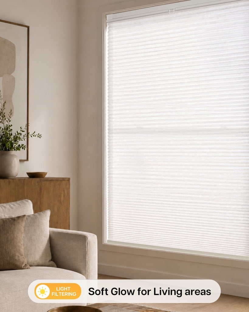 TDBU Cellular Shades, White | No Drill Cordless Top Down Bottom Up Honeycomb Blinds, 1.5 Inch Cell Easy Install No
