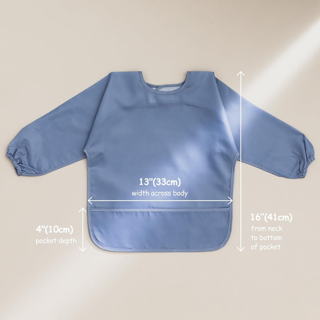 5 Pack Long Sleeve Bib, Reusable Bib with Catch-all Pocket, Waterproof Sleeved Smock for 6-30 Months Baby Boy or Girl
