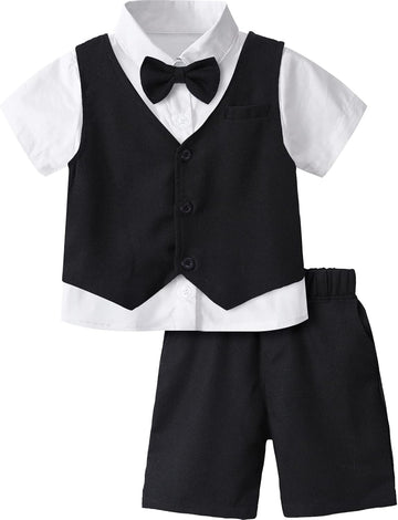 Toddler Boy Suit Set 4pcs Shirt, Vest, Shorts, Bow Tie