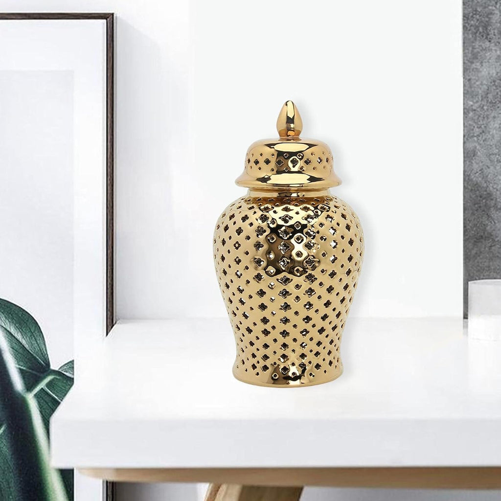 Ceramic Ginger Jar, Light Luxury Pierced Gold Collectable Decorative Lattice for Ornament Home Decoration Cafe Gift