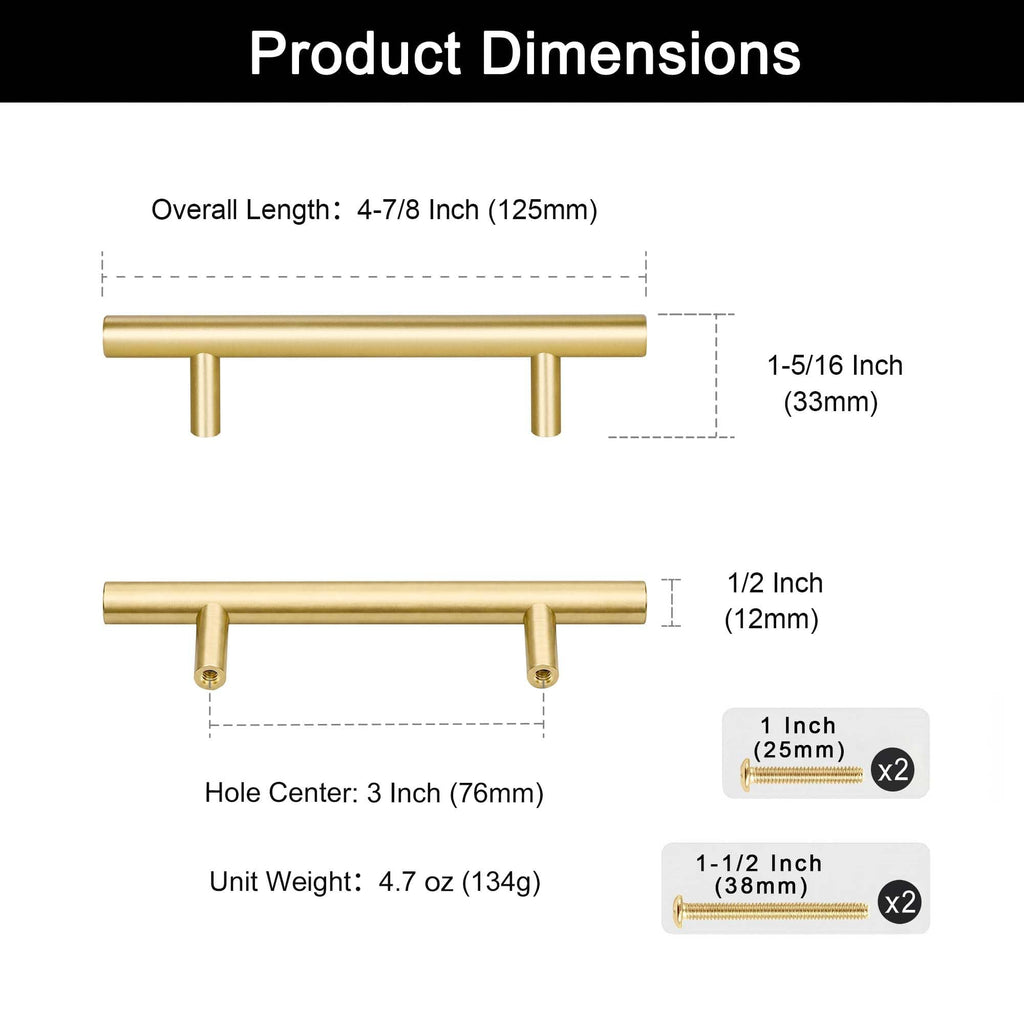 Solid Brass Cabinet Pulls, Brushed Gold Drawer Handles 3