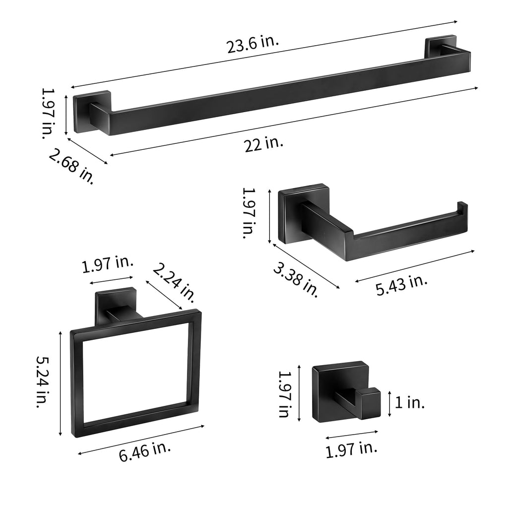 Bathroom Hardware Accessories Set 10 Pieces Matte Black Towel Bar Set 24 Inch, Towel Rack Rings Stainless Steel Bath