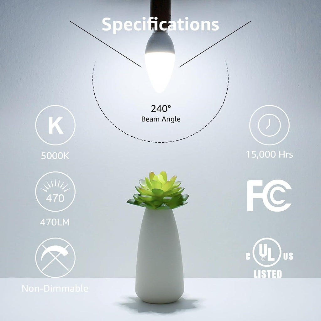 E12 LED Candelabra Light Bulbs, 5000K Daylight, 40W Equiv, 3 Pack