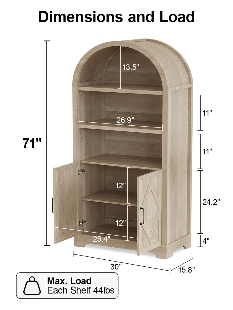 71" Tall Arched Bookcase with Storage, 5 Tier Mid-Century Modern Arched Cabinet with Doors, Farmhouse Wood Kitchen