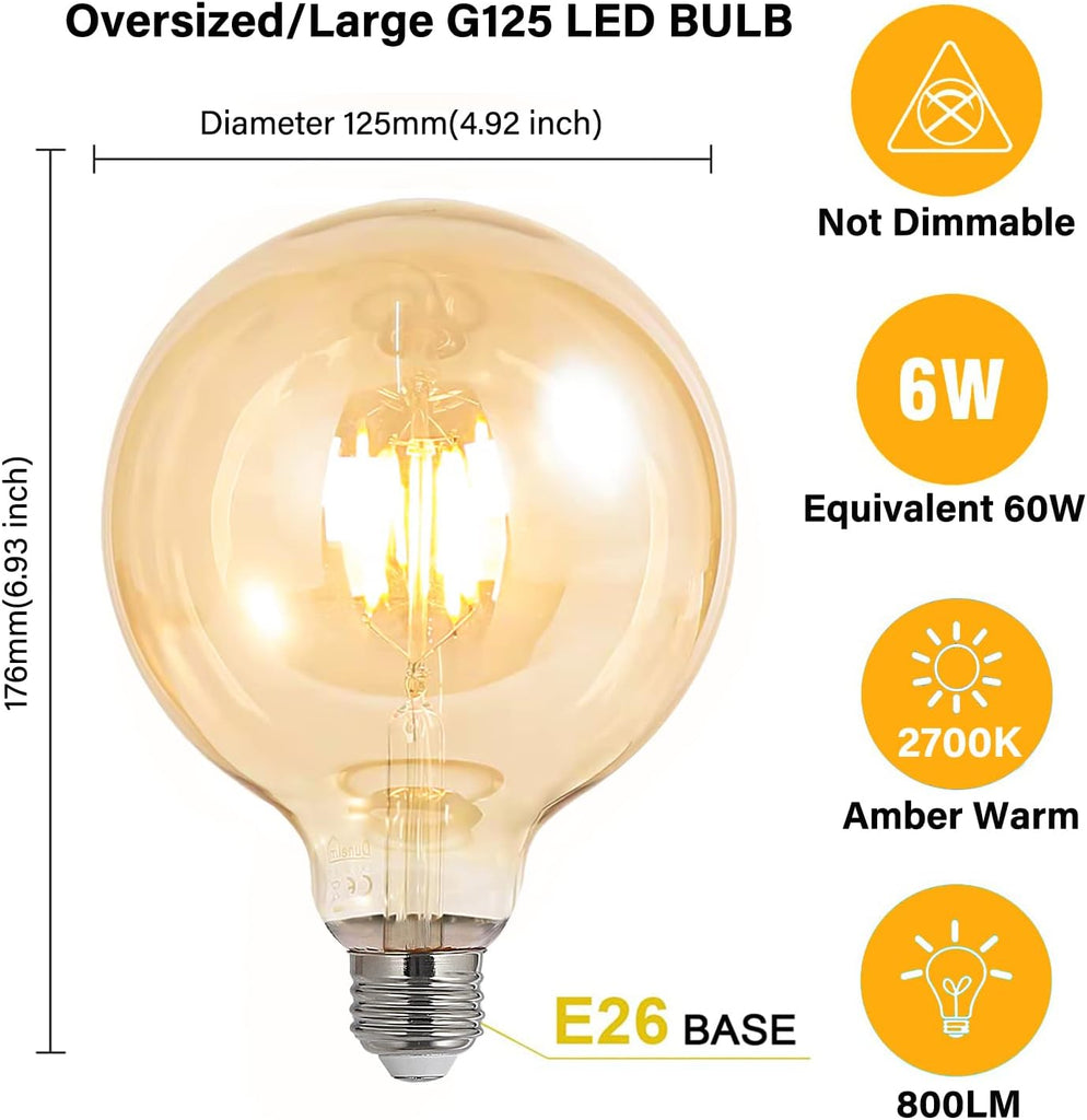 LED Bulbs 60 Watt Equivalent, 2 Pack 6W G125 Led Globe Bulbs, Antique Vintage Light Bulbs Amber, E26 LED Edison Light