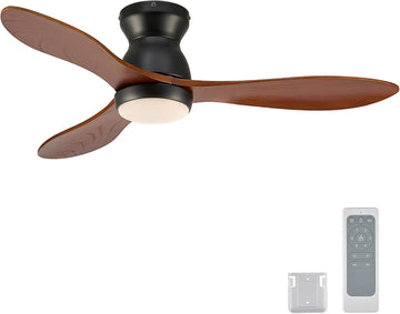 42 Inch Wood Ceiling Fan with Light and Remote - Flush Mount, 3 Solid Wood Blades, Dimmable 3-Color LED, Reversible DC Motor - Black
