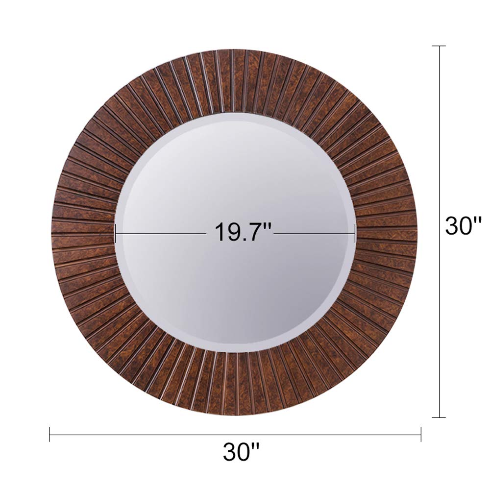 30'' Round Mirror with Wood Frame, Large Decorative Mirror for Wall, Farmhouse Bathroom Mirror with Bronze Groove