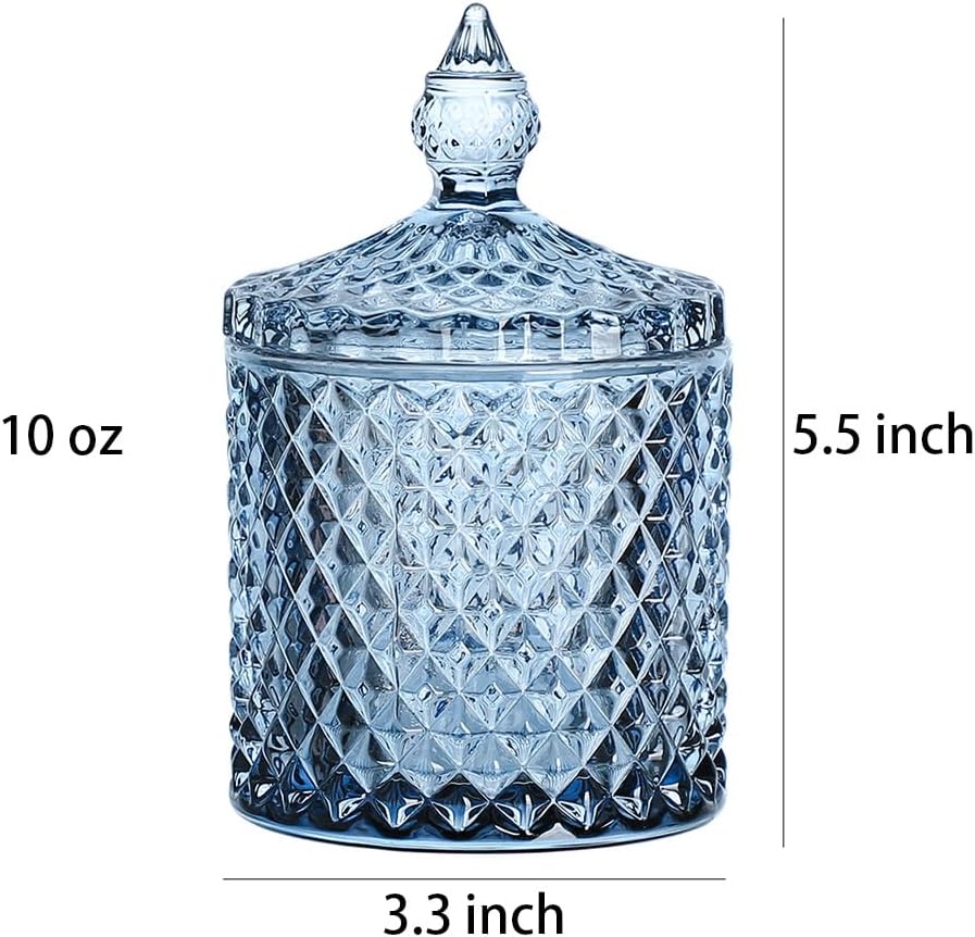 Diamond Faceted Crystal Glass Candy Jar with Lid, Blue Decorative Jar, Jewelry Box, Cotton Swab Storage Holder.
