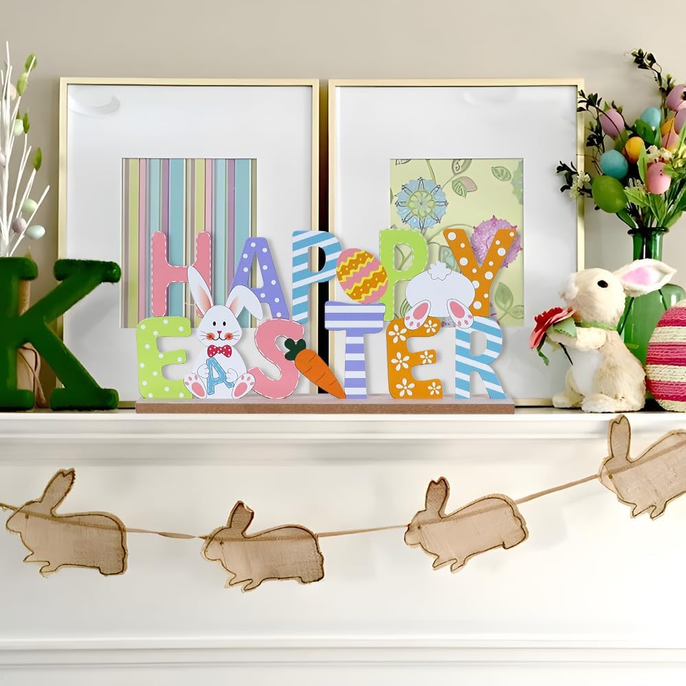 Easter Decorations, Wood Metal Happy Easter Sign for Table Decor, Farmhouse Rustic Easter Bunny Decorations, Mantel