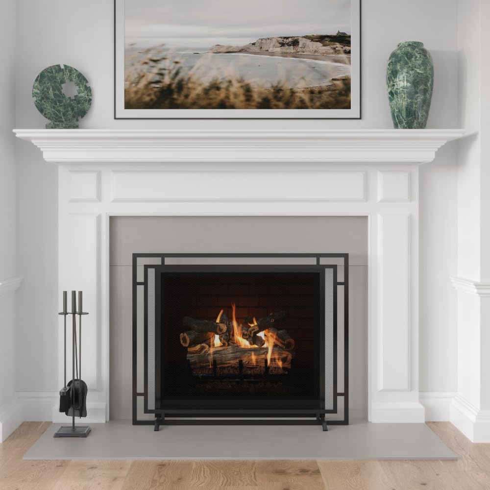 Gatsby Mesh Fireplace Screen in Black | Single Panel, Heavy-Duty Steel Frame with Powder-Coated Finish | Mesh Screen