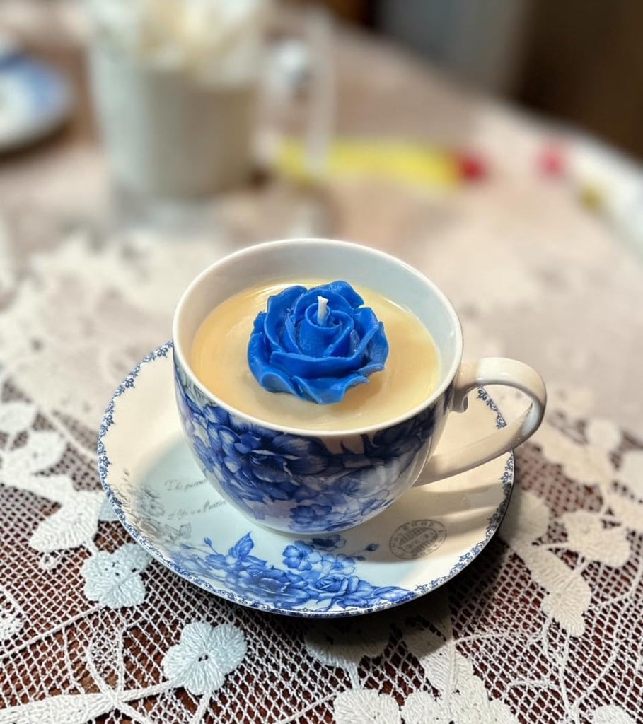 K_R Afternoon Tea Scented Candle in Blue Floral Porcelain Teacup with Saucer, White Tea Fragrance, Hand Poured - Set of 6