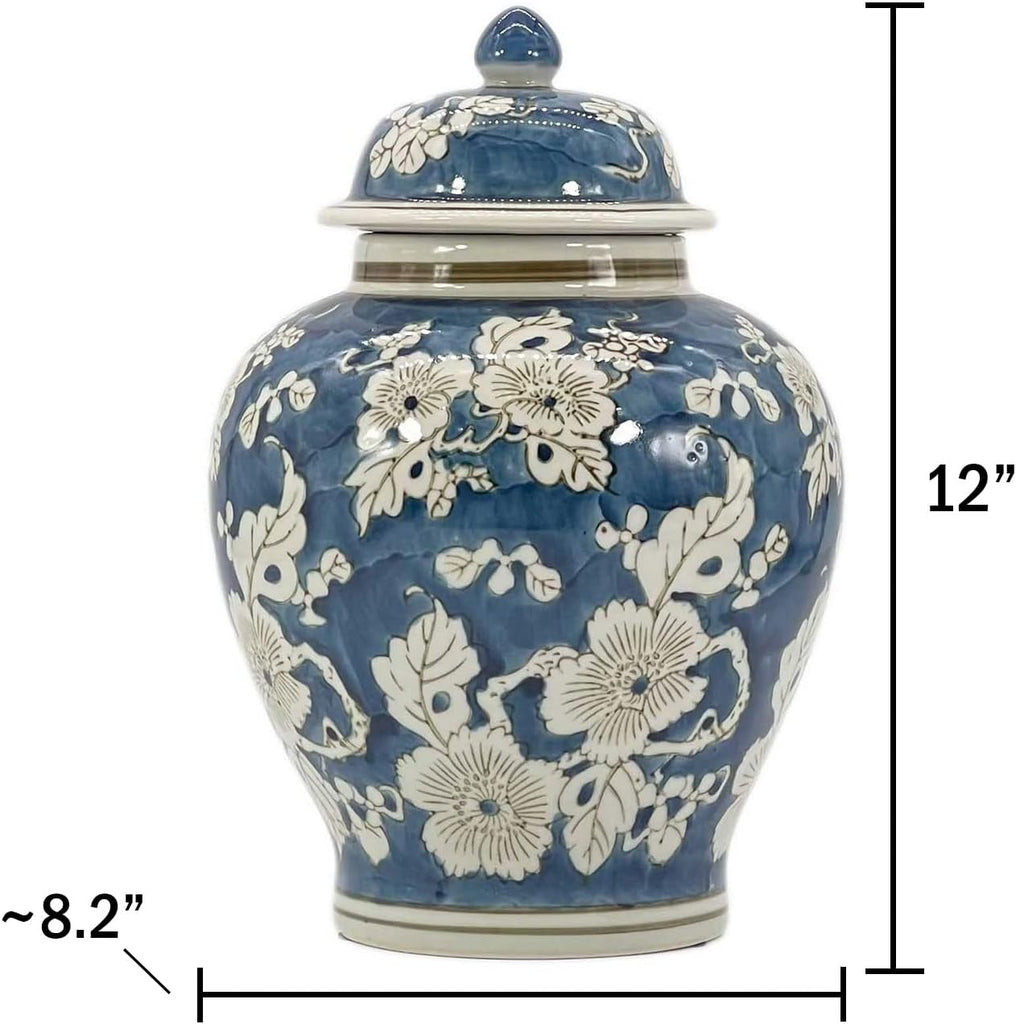 Blue and White Flower Chinoiserie Ginger Jar 12" w/Lid Ginger Jar, Tea Storage Decorative Home Decor Jar