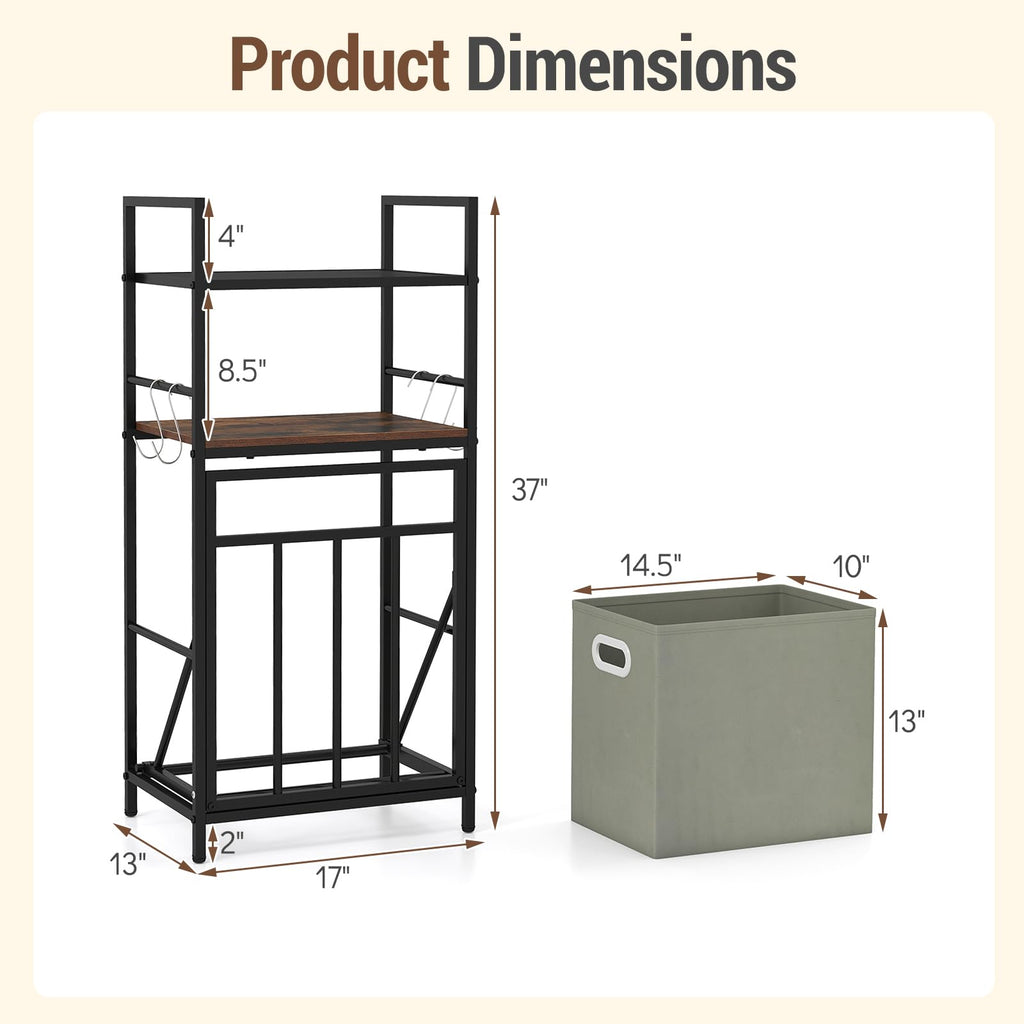 Tilt out Laundry Hamper, Space Saving Bathroom Storage Cabinet with Removable Basket, 2 Open Shelves & 4 Side Hooks