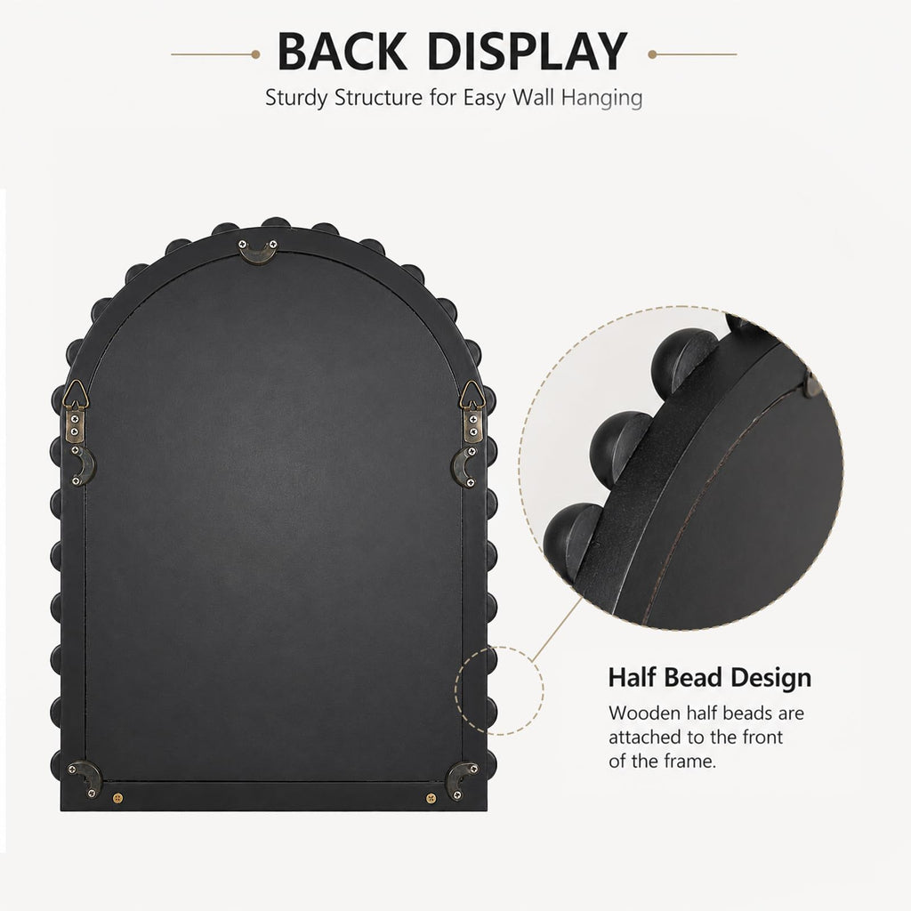 Arched Wall Mirror with Shelf, 12x16 Inch Wooden Bead Bathroom Mirror, Decorative Hanging Vanity Mirror, Black