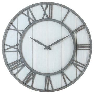 Farmhouse Metal & Solid Wood Noiseless Wall Clock (Whitewash, 24-inch)