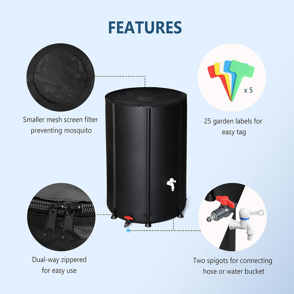 PVC 50 Gallon Collapsible Rain Barrel (Black, 100 Gallon) | Upgraded Foldable PVC Rain Water Collection Barrel, Water