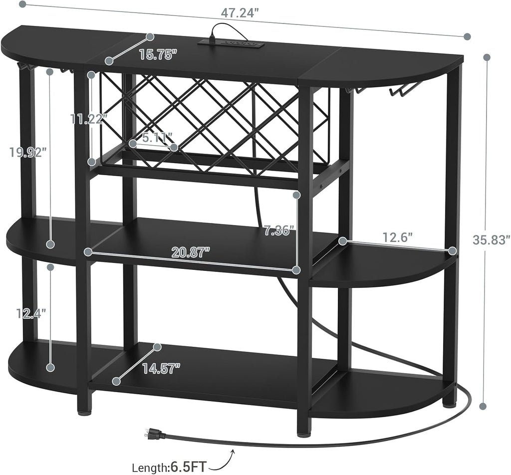 4-Tier Metal Coffee Bar Cabinet with Outlet and LED Light | Freestanding Floor Bar Table, Liquor with Glass Holder