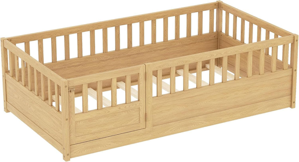 Kids Montessori Floor Bed Frame with Slats, Natural