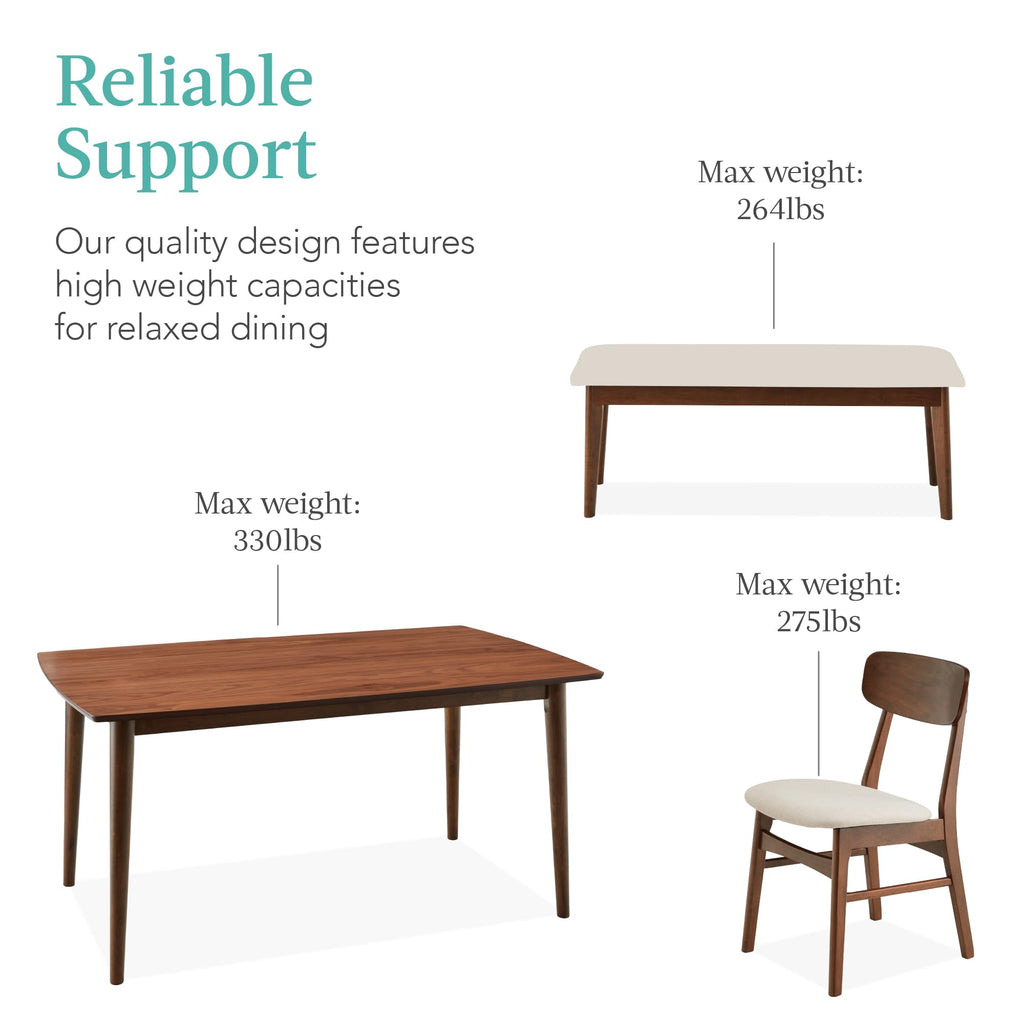 6-Piece Wooden Dining Set, Mid-Century Modern Table & Upholstered Chair Set w/Bench Seat, Rubberwood Legs