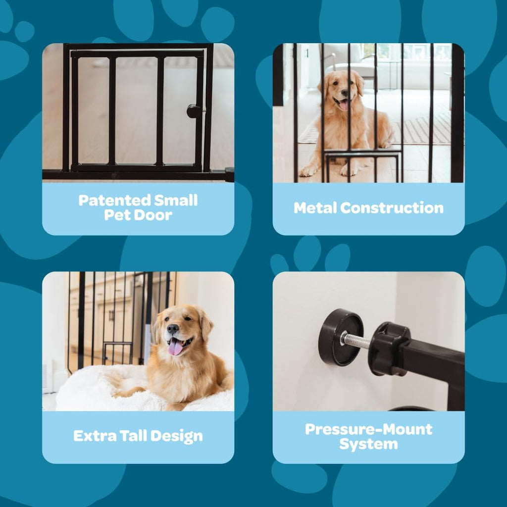 36" Extra Tall Walk Through Dog Gate for Doorways & Bottom of Stairs, Metal Pet Gate with Small Pet Door, Expands